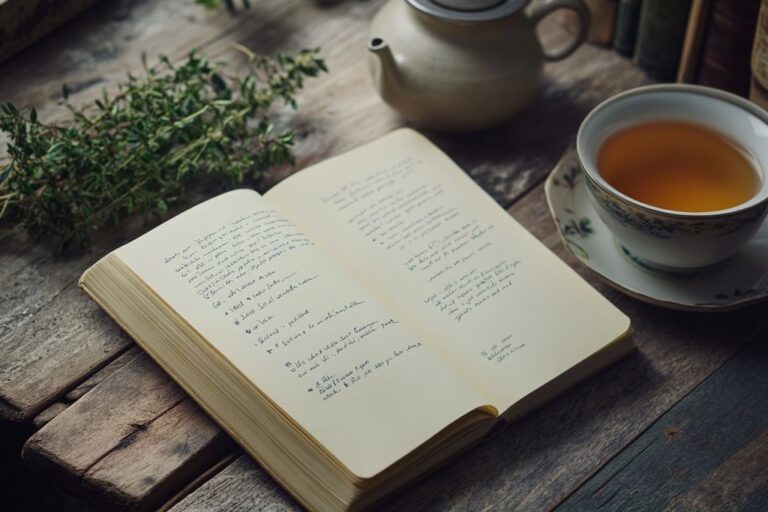 Carnet de notes ouvert, tasse de thé et herbes sur une table en bois