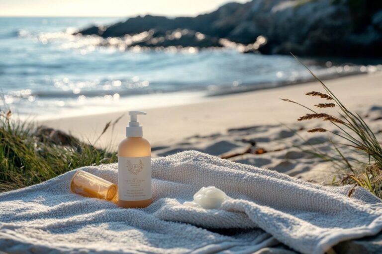 Flacon de crème et serviette posés sur une plage