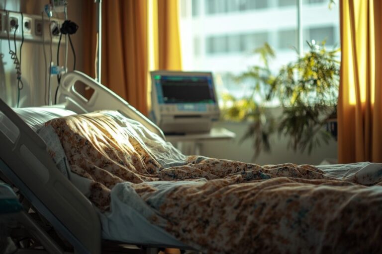 Chambre d'hôpital avec lit médicalisé et moniteur
