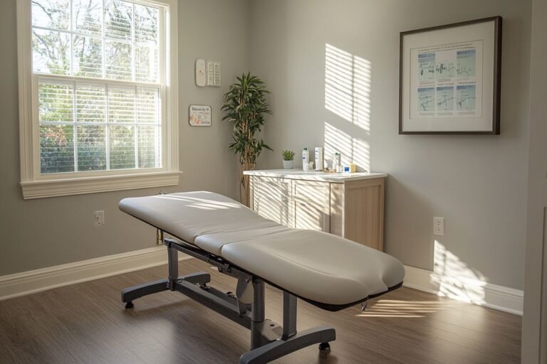Table d'examen dans un cabinet de soins lumineux