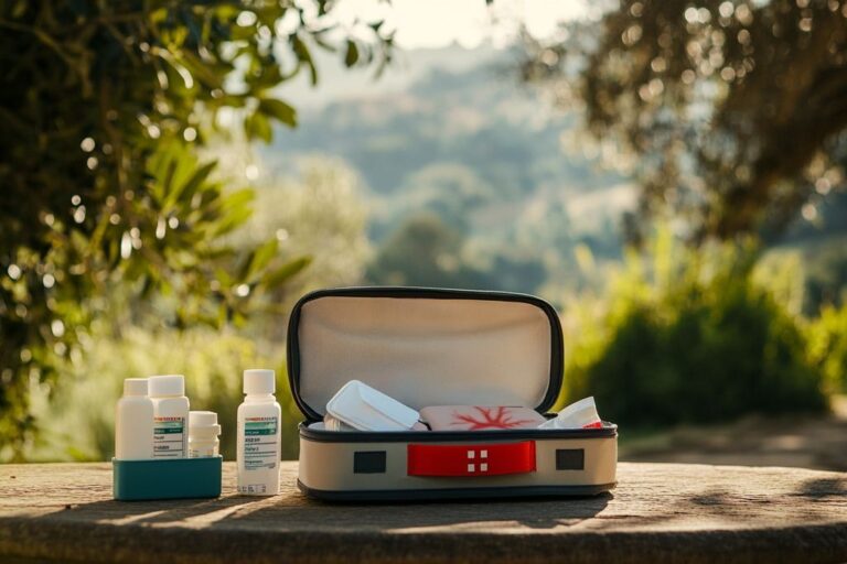 Trousse de premiers secours ouverte et flacons sur une table en extérieur