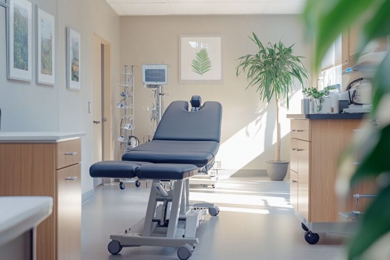 Cabinet de soins avec table d'examen et plante verte
