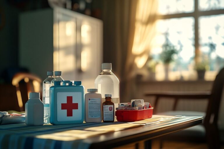 Trousse de premiers secours et flacons de soins sur une table