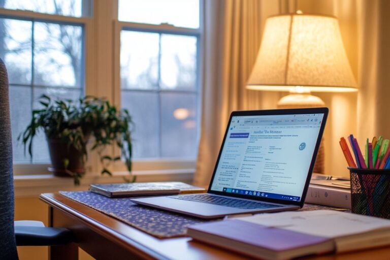 Ordinateur portable ouvert sur un bureau près d'une fenêtre