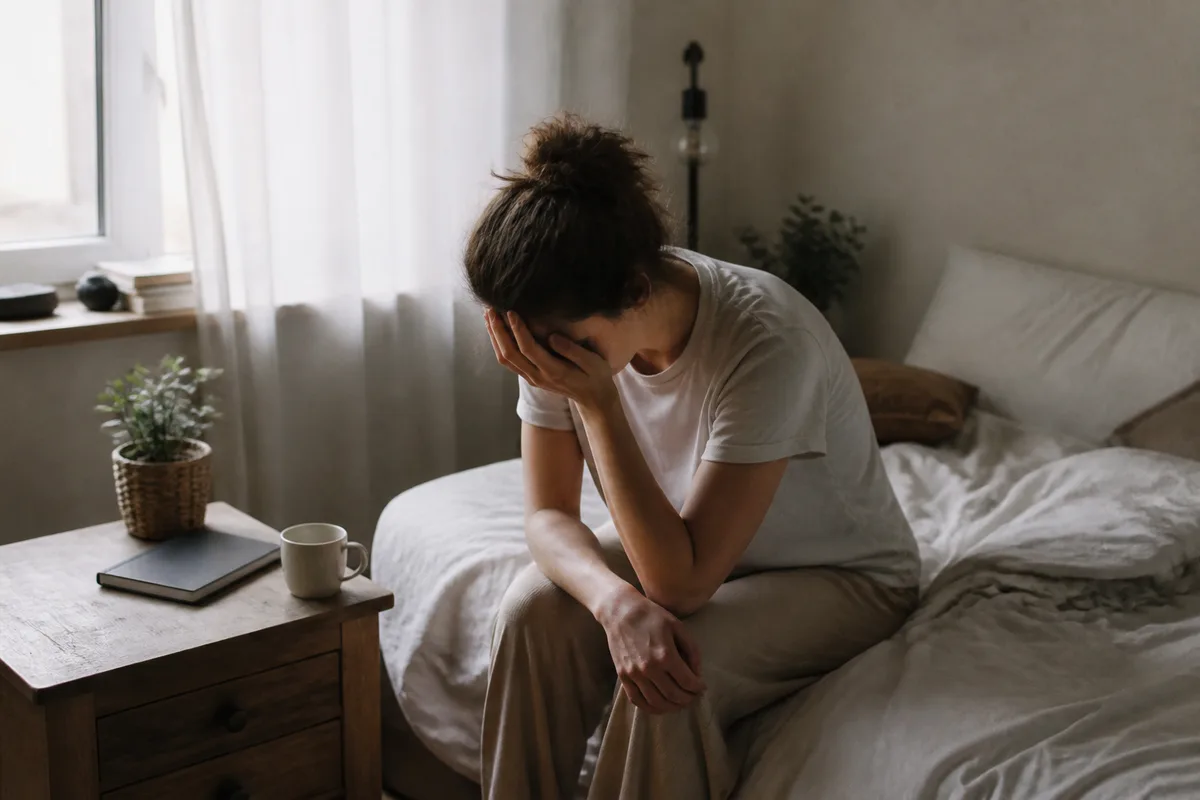 Personne épuisée assise au bord d’un lit dans une chambre calme, scène réaliste de récupération émotionnelle