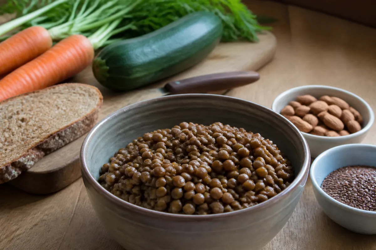 Bol de lentilles, légumes entiers, pain complet et graines pour augmenter progressivement les fibres