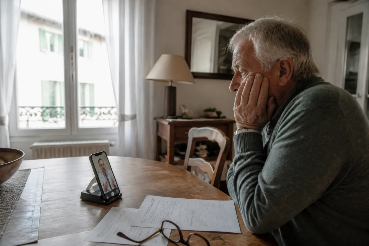 Patient utilisant une téléconsultation MédecinDirect depuis son domicile avec un document médical à portée de main