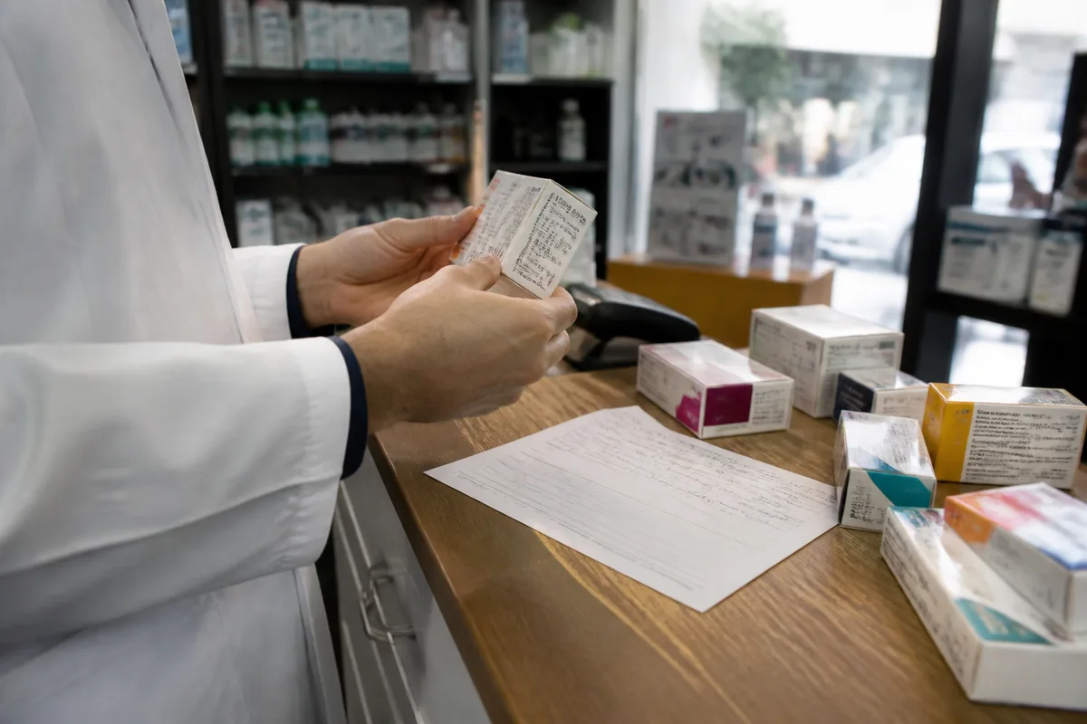 Pharmacien vérifiant les interactions entre un complément alimentaire et des médicaments