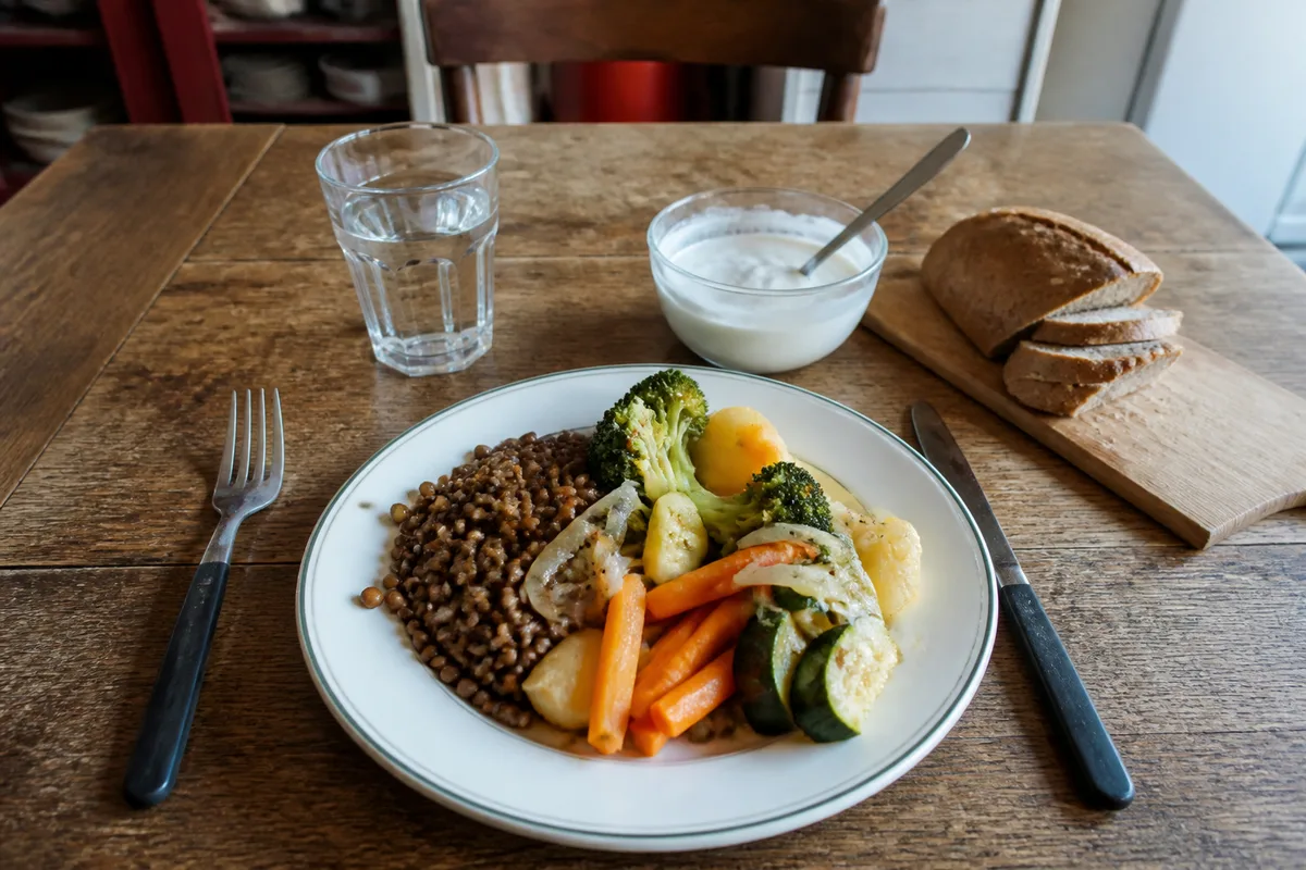 Assiette équilibrée avec lentilles, légumes, pain complet, yaourt et verre d’eau dans une cuisine familiale
