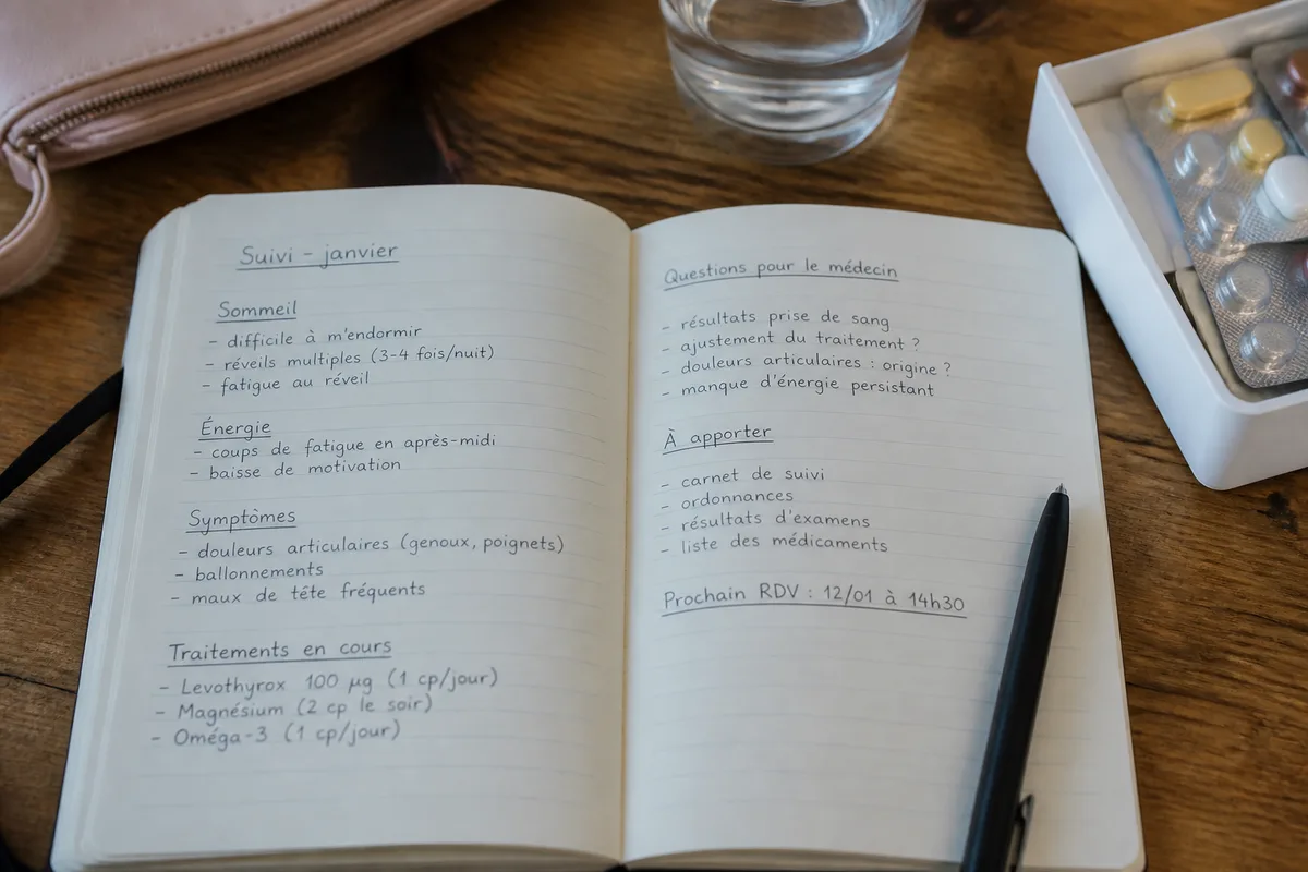 Carnet de suivi de fatigue et liste de traitements préparés avant une consultation médicale