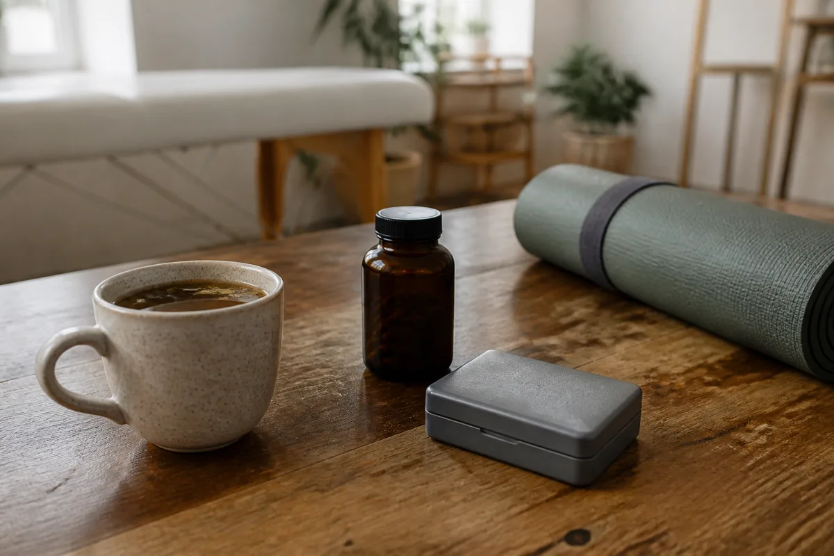 Objets utilisés dans différentes pratiques complémentaires comme une tasse d’infusion, un tapis de relaxation et des aiguilles d’acupuncture