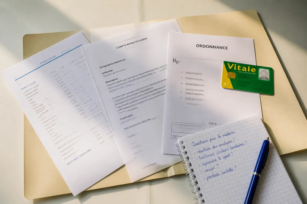 Pochette contenant une ordonnance, des résultats d’analyses et une carte Vitale pour préparer une consultation médicale