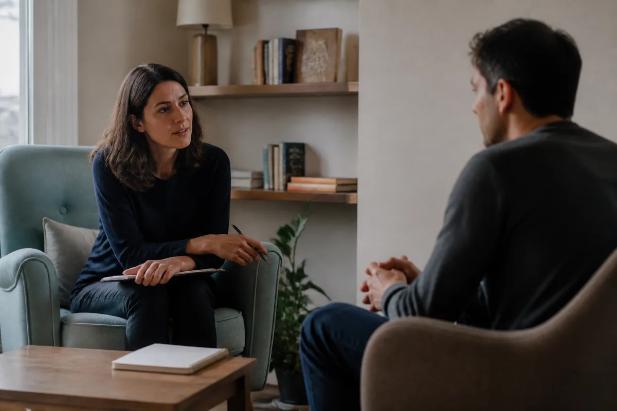 Consultation de santé mentale dans un cabinet avec psychologue et patient assis face à face