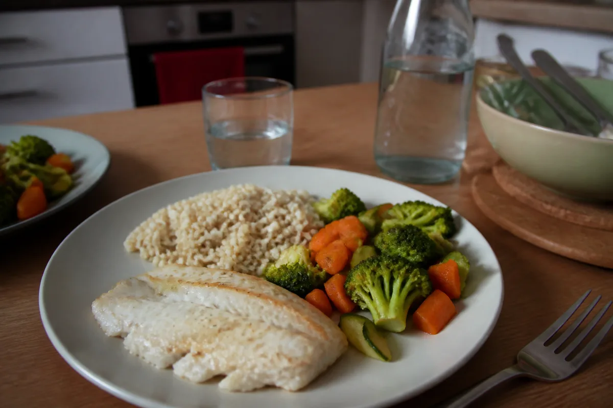 Assiette de dîner équilibré avec légumes, riz complet et filet de poisson pour favoriser le sommeil