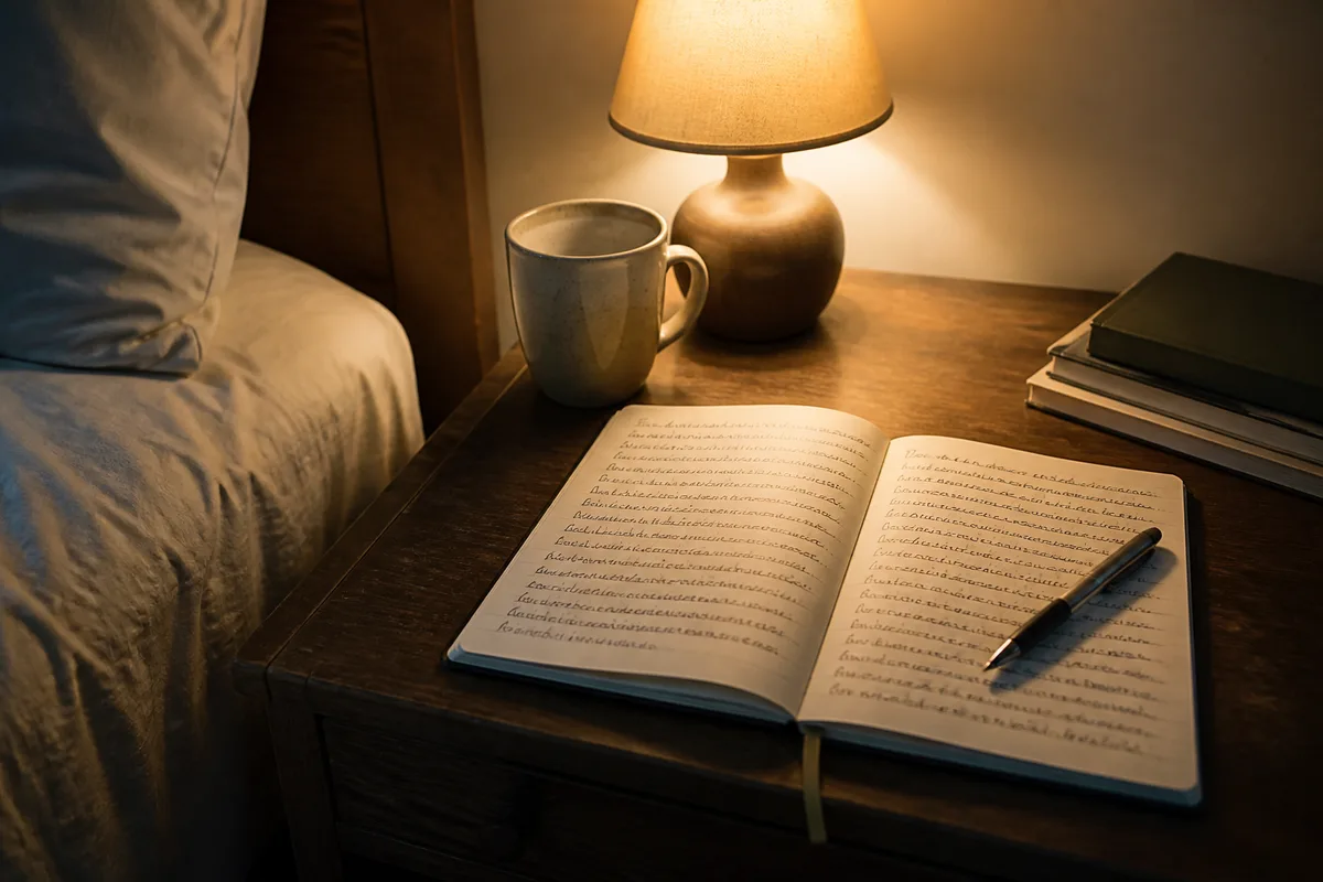 Carnet ouvert et tasse posés sur une table près d’une lampe avant le coucher